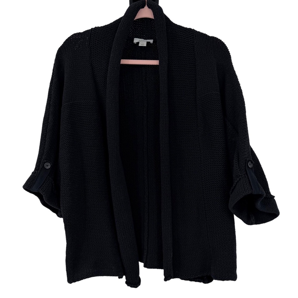 Ann Taylor LOFT Open Front Sweater Womens L/XL Black Chunky Knit 3/4 Sleeve